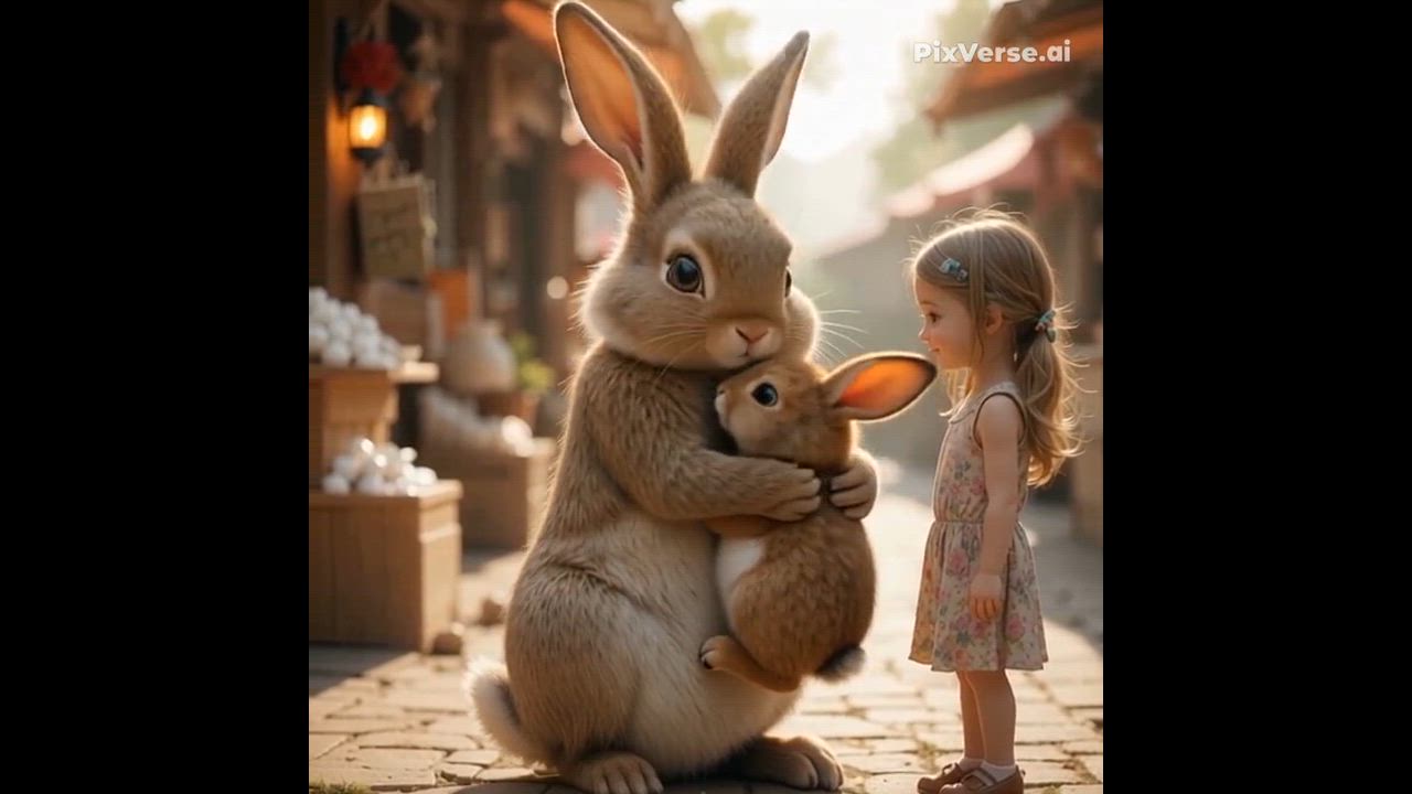 A little girl met a rabbit child he's mom rabbit.