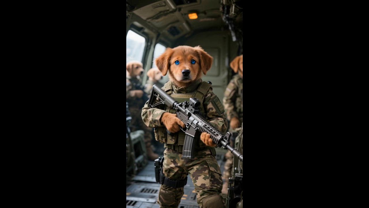 Dog soldier in desert gear scanning horizon, explosion behind
