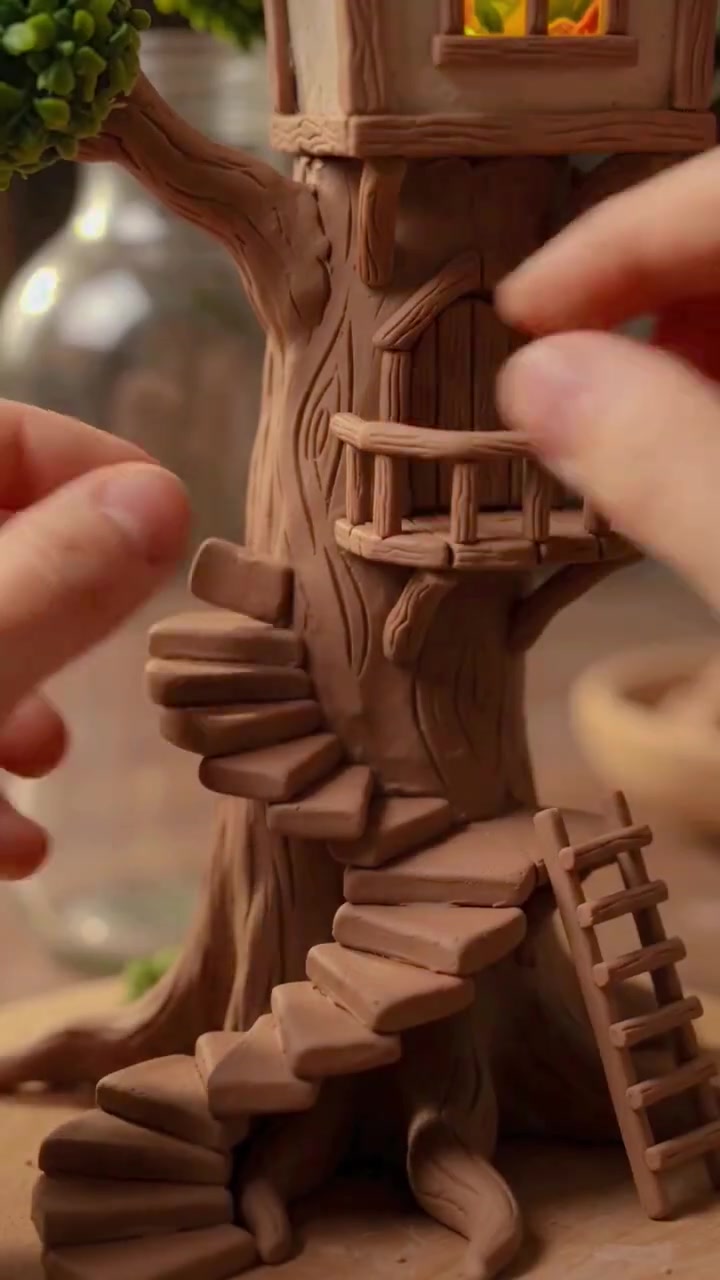 Crafting a Miniature Clay Treehouse In A Bottle