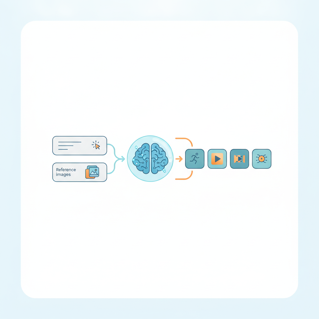 Diagram illustrating the workflow of AITube video creation, from concept to screen, with text, images, and audio as inputs, an AI processing core, and a final video output.