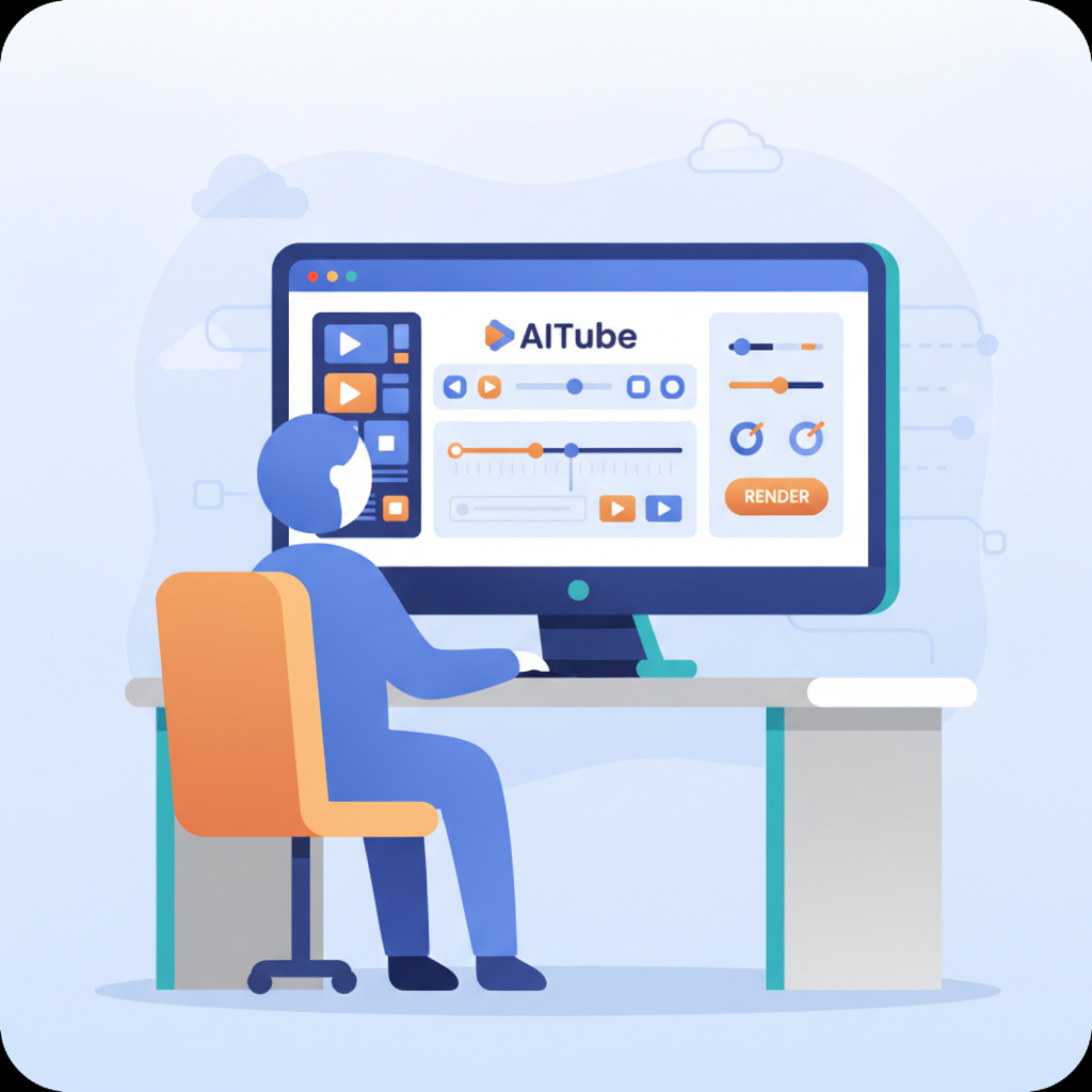 A user starting their first AITube video project, interacting with the platform's interface on a monitor.