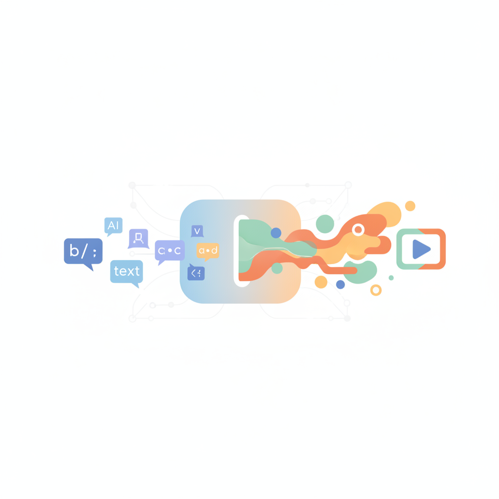 Illustration depicting a text input field on one side, connected by lines or arrows to a dynamic video screen displaying various generated scenes, symbolizing AI video creation.