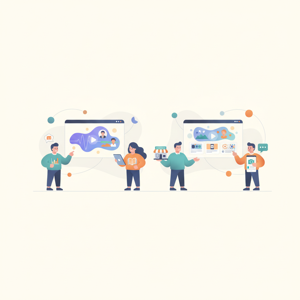 Illustration showing various professionals like marketers, teachers, and business owners benefiting from AITube video creation.